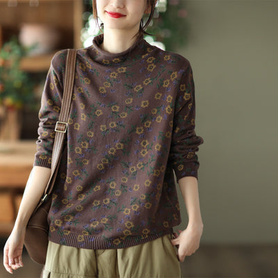 Women Winter Vintage Floral Knit Casual Pullover Sweater