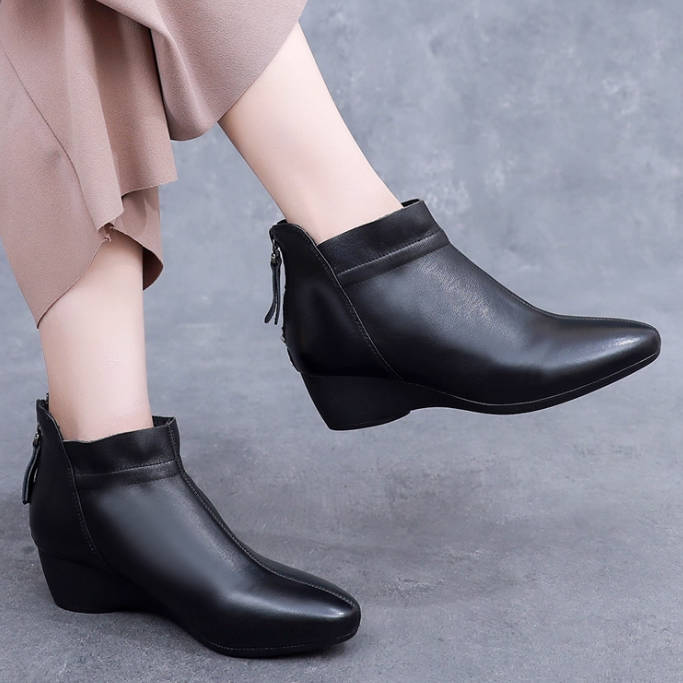 Women Leather Platform Soft Sole No-Slip Zipper Ankle Boots