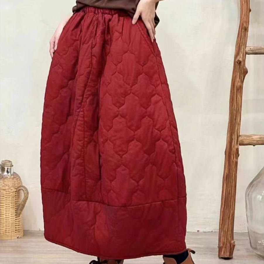 Winter Warm Cotton Argyle Solid Color A-Line Elastic Waist Skirt