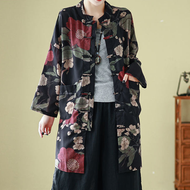 Babakud Women Spring Vintage Ramie Floral Long Cardigan Shirt