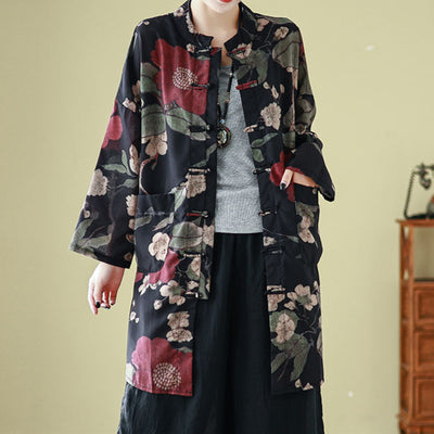 Babakud Women Spring Vintage Ramie Floral Long Cardigan Shirt