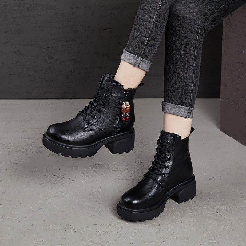 Genuine Leather Retro Platform Chunky Beading Zipper Boots