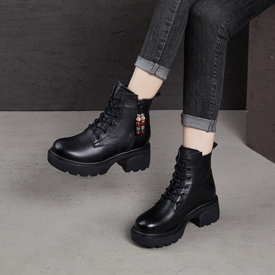 Genuine Leather Retro Platform Chunky Beading Zipper Boots