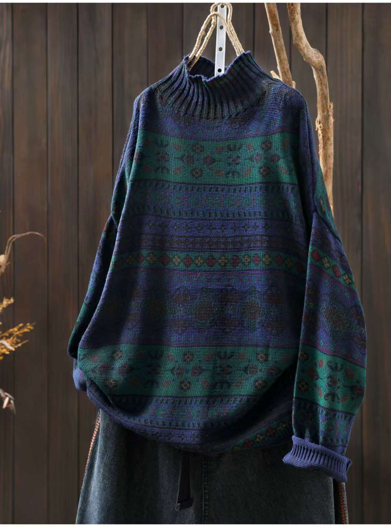 Winter Cotton Warm High Neck Printed Loose Plus Size Sweater