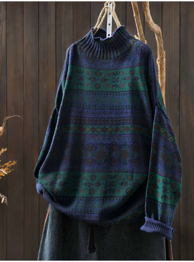 Winter Cotton Warm High Neck Printed Loose Plus Size Sweater