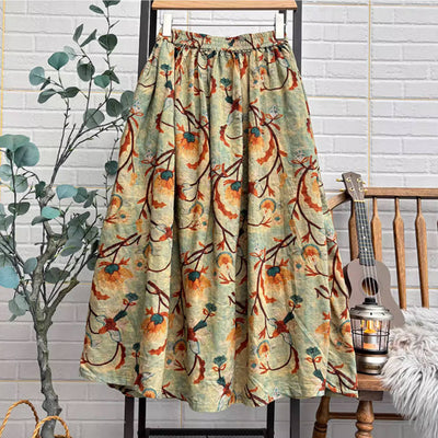 Vintage Cotton Retro Floral A-Line Loose Elastic Waist Thick Dress