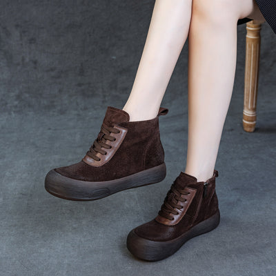 Winter Retro Leather Patchwork Soft Sole Round Toe Zipper Boots