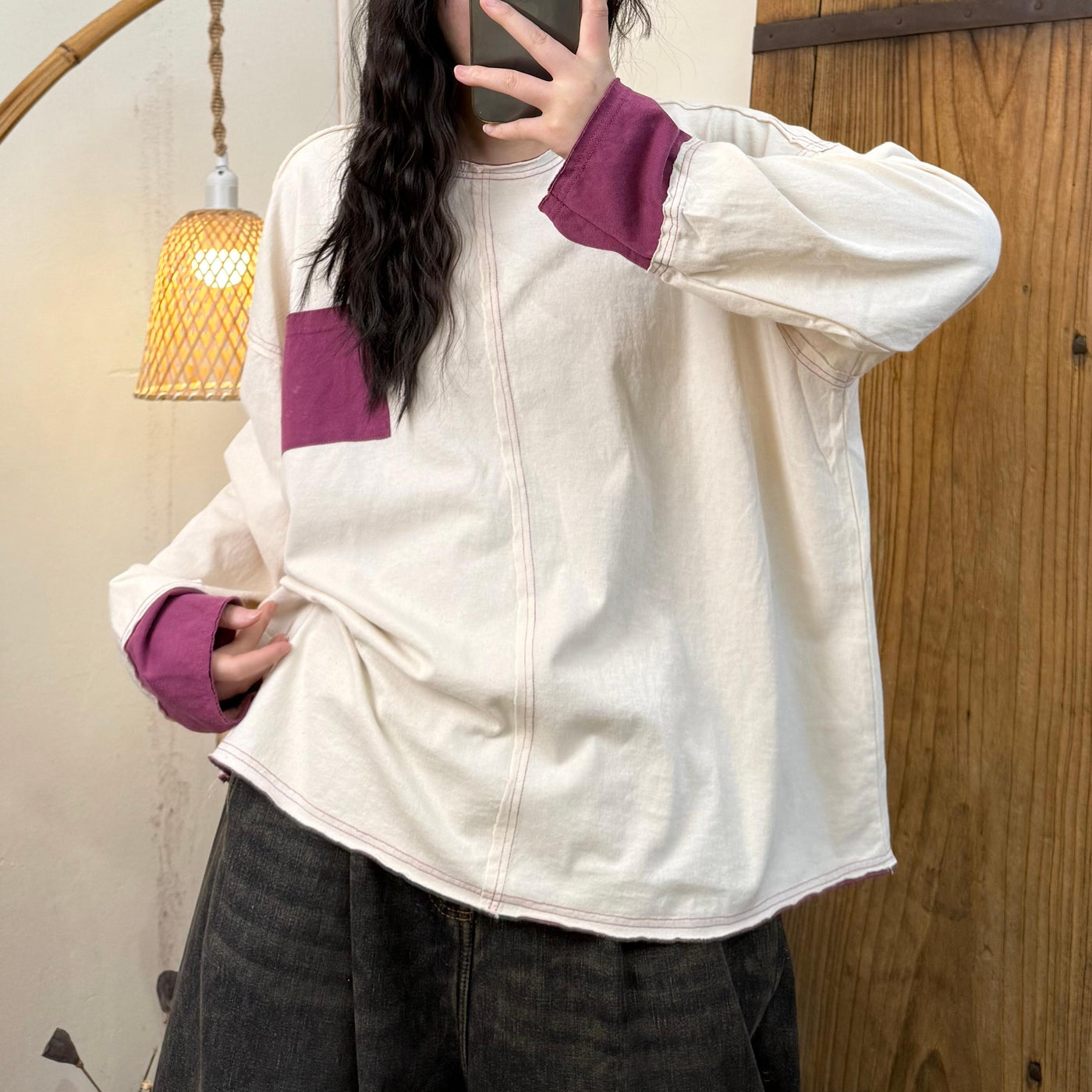 Women Spring Casual Vintage Knit Cotton Patchwork Top