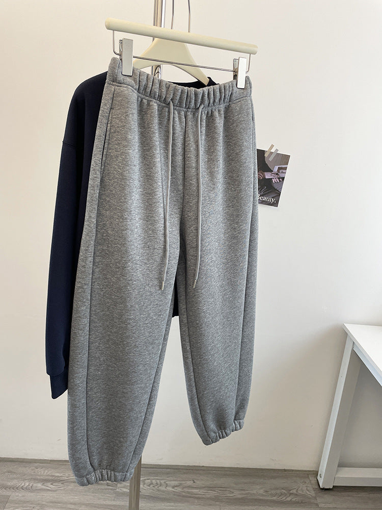Autumn Winter Cotton Warm Elastic Waist Lace-Up Fleece-Lined Pants