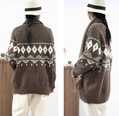 Winter Retro Coffee Jacquard Knitted V-Neck Thick Loose Sweater