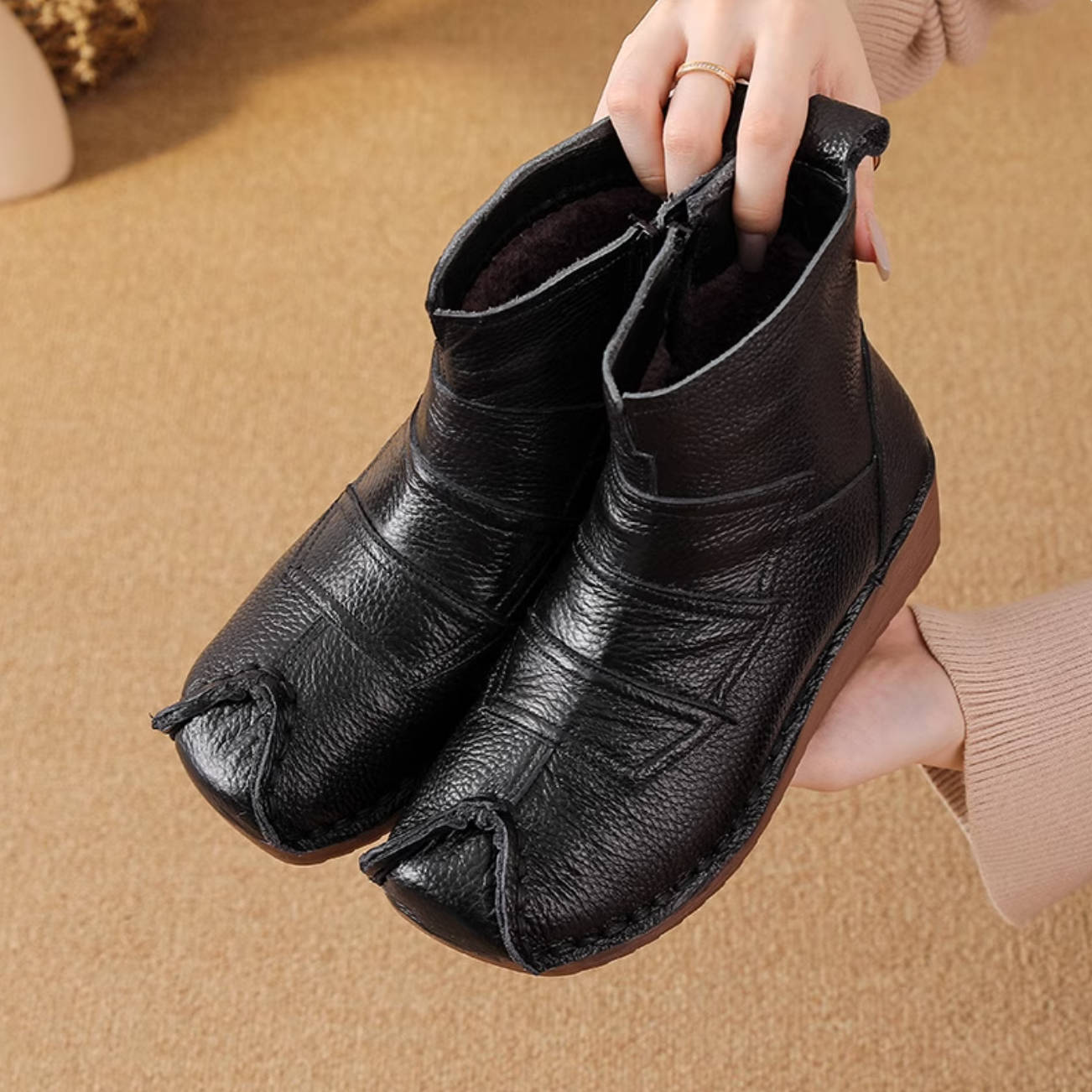 Winter Top Leather Soft Sole Patchwork Zipper Ankle Boots