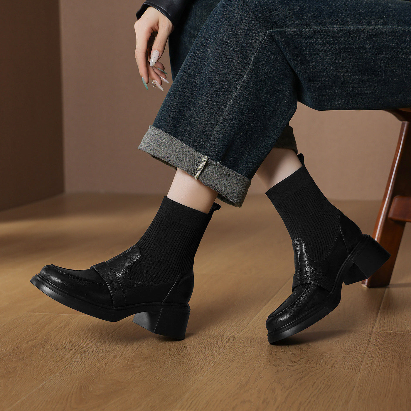 Vintage Sheepskin Leather Casual Striped Socks Boots