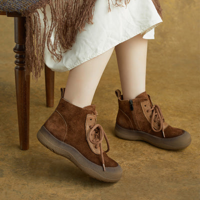 Winter Leather Sueded Soft Thick Sole Lace-Up Zipper Ankle Boots