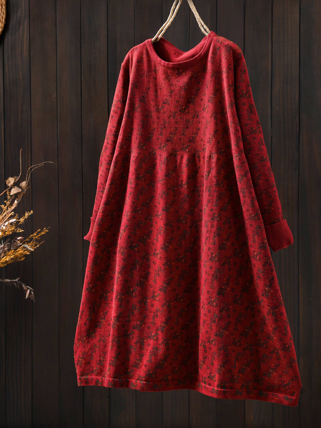 Retro Cotton Round Neck Floral Printed Loose Long Sleeves Dress