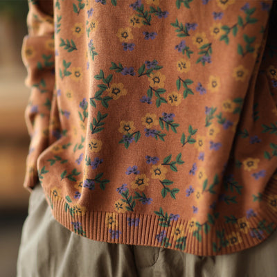 Women Winter Vintage Floral Knit Casual Pullover Sweater