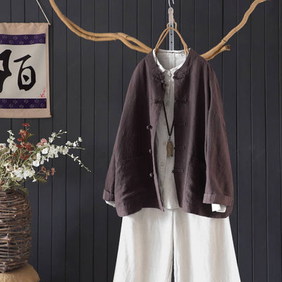 Autumn Linen Chinese Round Neck Frog Button Loose Shirt