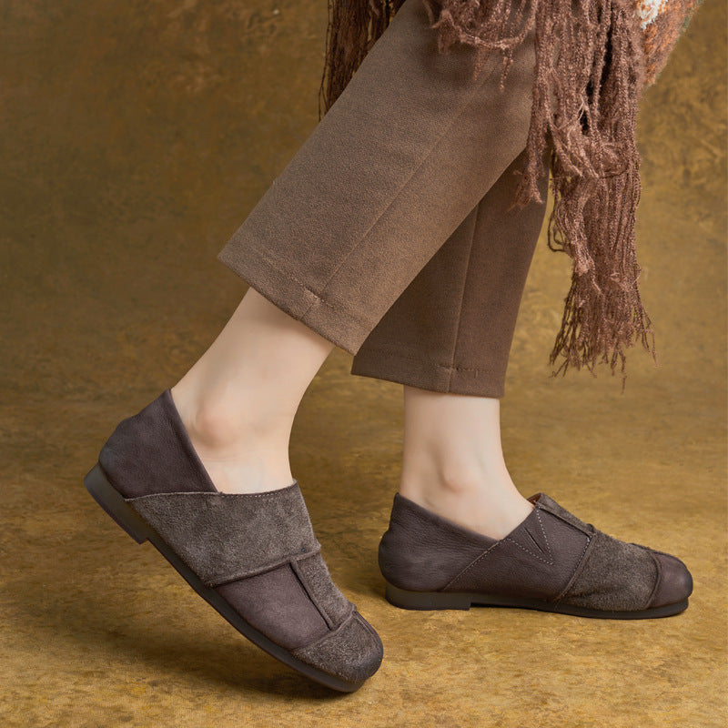 Retro Casual Leather Patchwork Flat Sole Slip-On Shoes