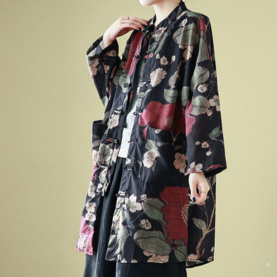 Babakud Women Spring Vintage Ramie Floral Long Cardigan Shirt