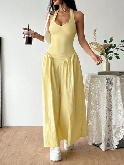 Yellow Slim Sleeveless Casual Everyday U-Neck Halterneck Dress