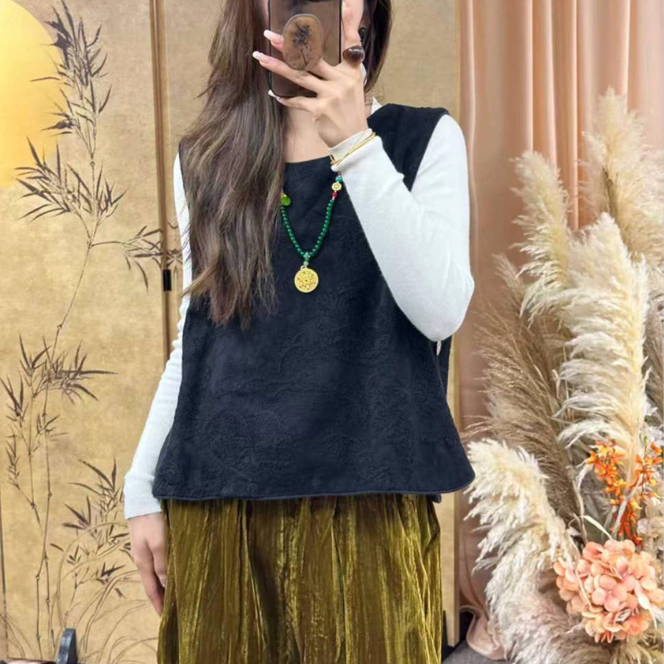 Autumn Retro Linen Embroidered Round Neck Vest