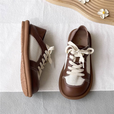 Top Leather Retro Soft Sole Mesh Patchwork Lace-Up Flat Shoes