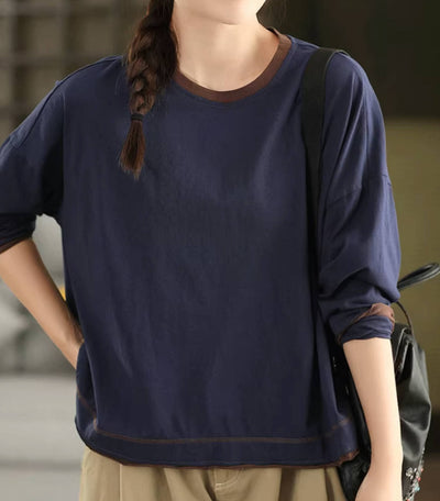 Women 100% Cotton Round Neck Patchwork Long Sleeves Pullover