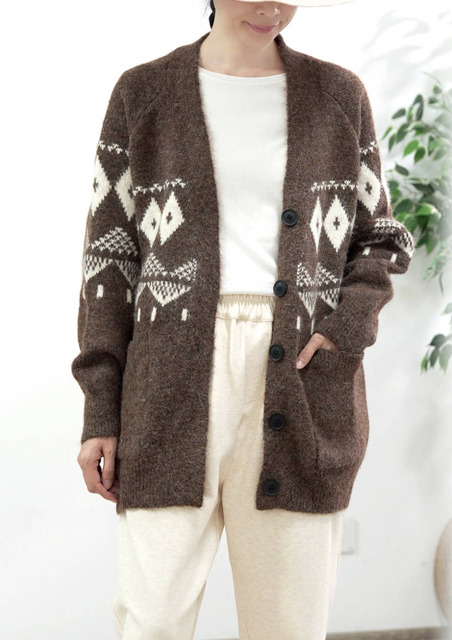 Winter Retro Coffee Jacquard Knitted V-Neck Thick Loose Sweater