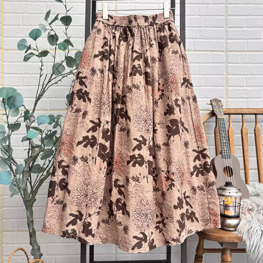 Vintage Cotton Retro Floral A-Line Loose Elastic Waist Thick Dress