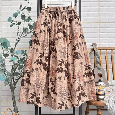 Vintage Cotton Retro Floral A-Line Loose Elastic Waist Thick Dress