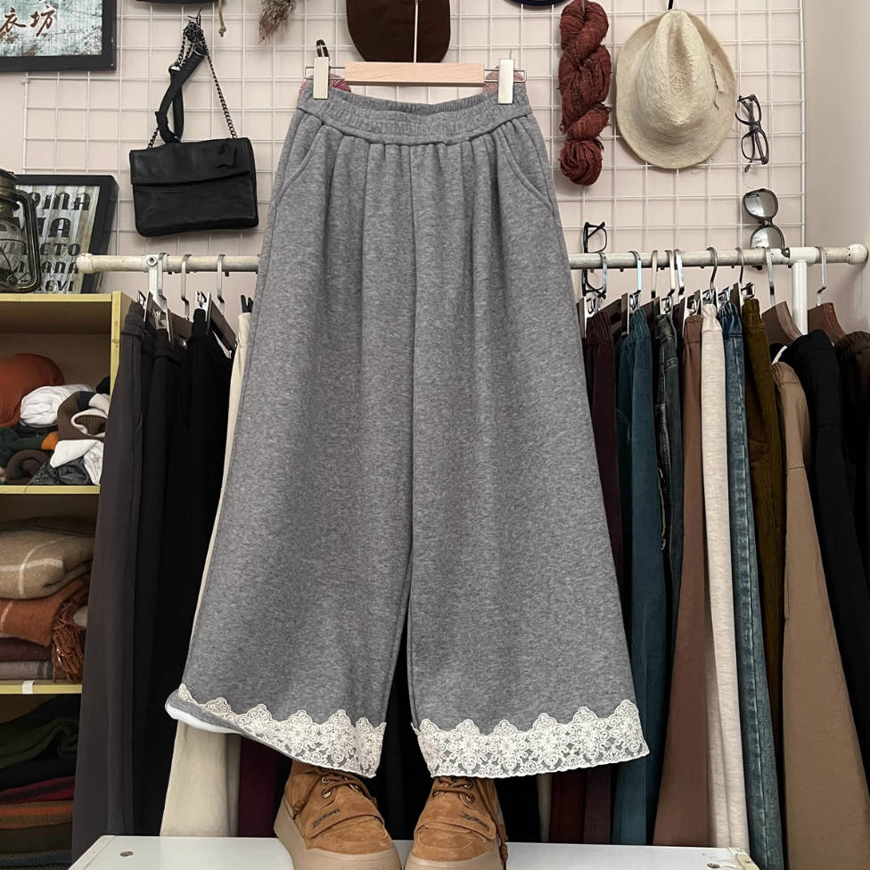 Winter Wool Cotton Warm Lace Patchwork Elastic Waist Pants