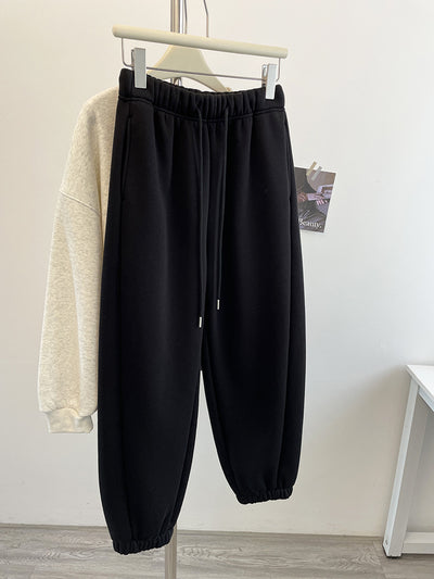 Autumn Winter Cotton Warm Elastic Waist Lace-Up Fleece-Lined Pants