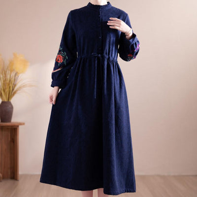 Women Winter Floral Embroidered Fleece-Lined Midi Dress