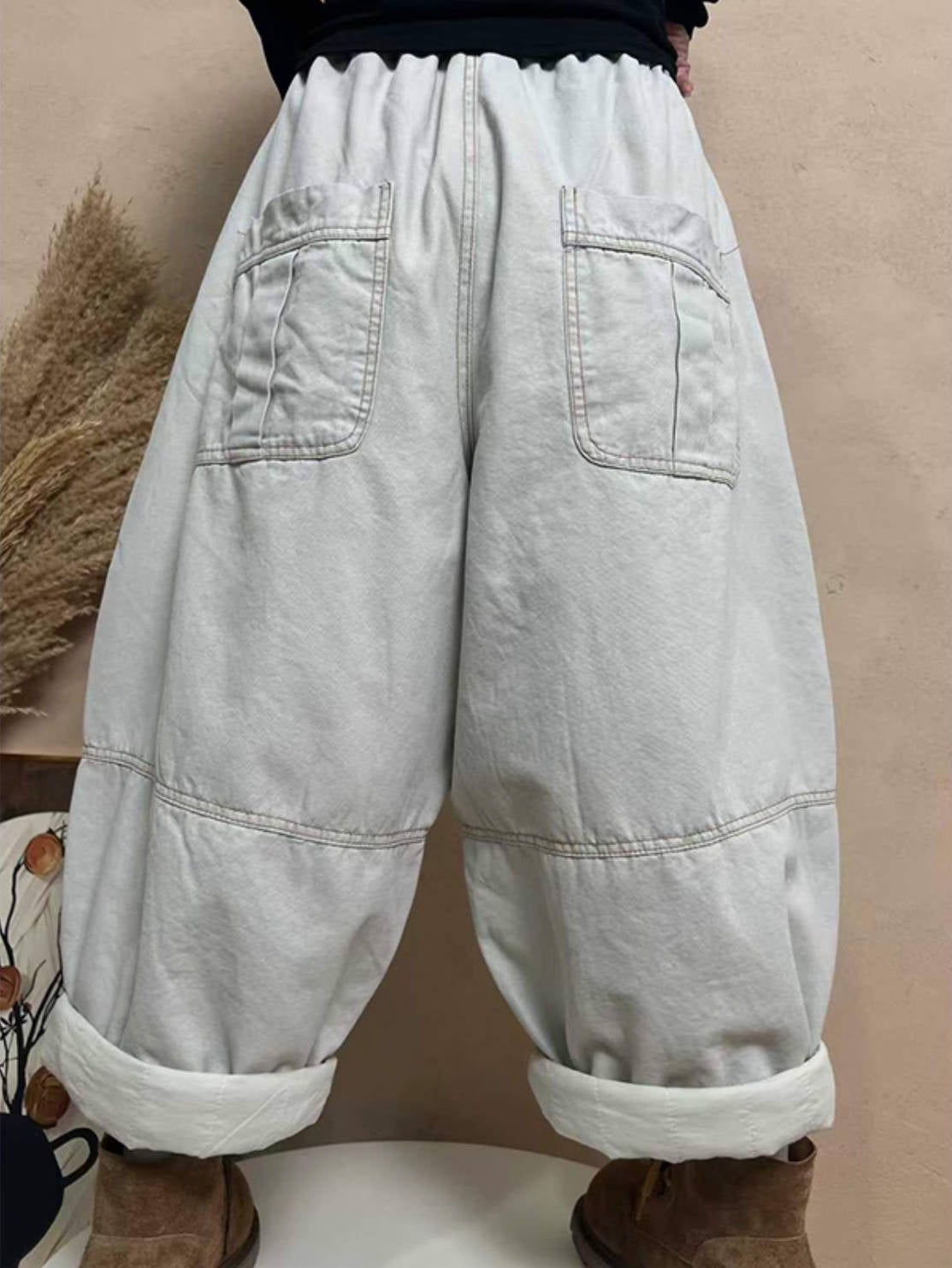 Winter Warm Cotton Thick Elastic Waist Lace-Up Loose Pants