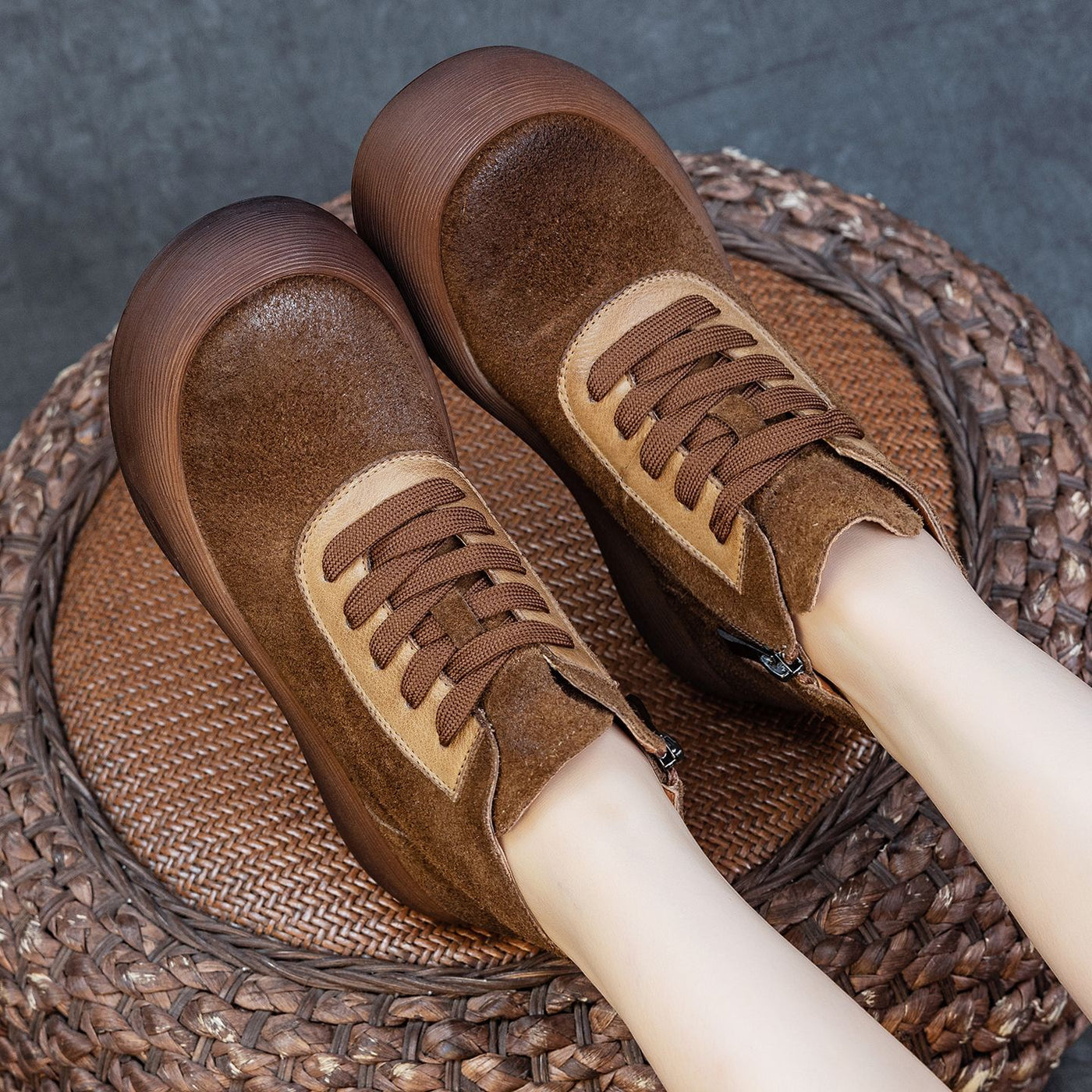 Winter Retro Leather Patchwork Soft Sole Round Toe Zipper Boots