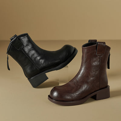 Vintage Top Leather Simple Chunky Casual Zipper Ankle Boots
