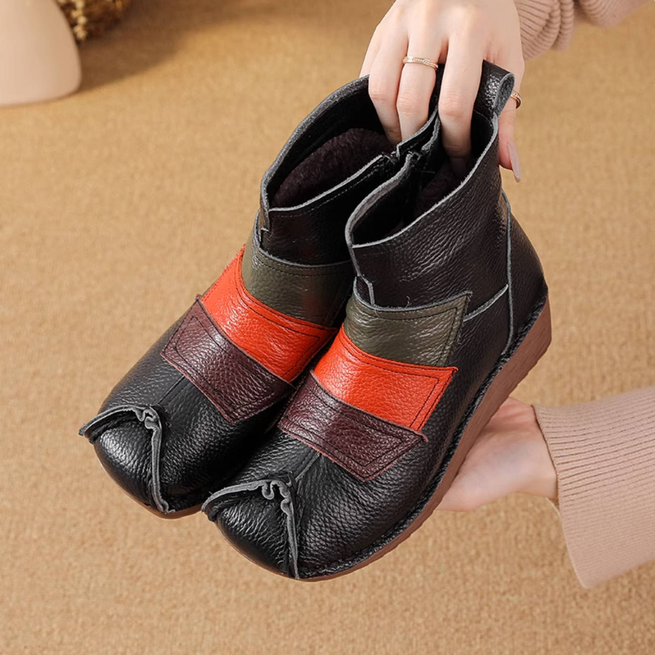 Winter Top Leather Soft Sole Patchwork Zipper Ankle Boots
