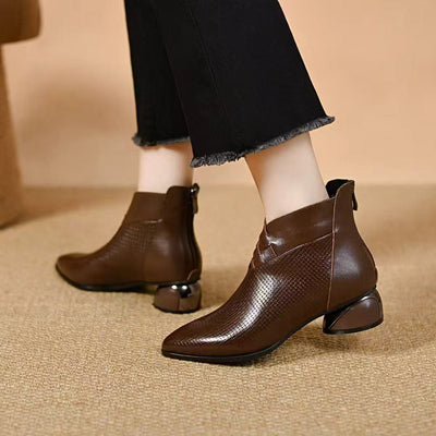 Top Leather Retro Pointed Toe Chunky Zipper Ankle Boots
