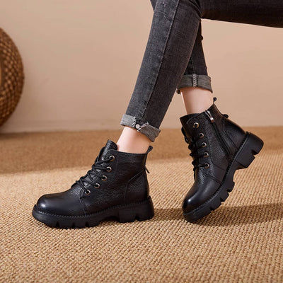 Autumn Top Grain Leather Retro Platform Chunky Ankle Boots