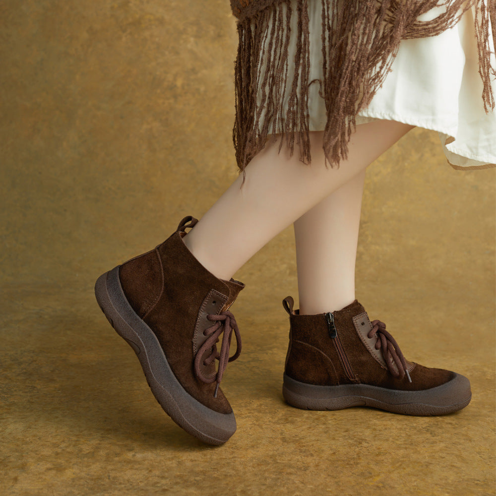 Winter Leather Sueded Soft Thick Sole Lace-Up Zipper Ankle Boots