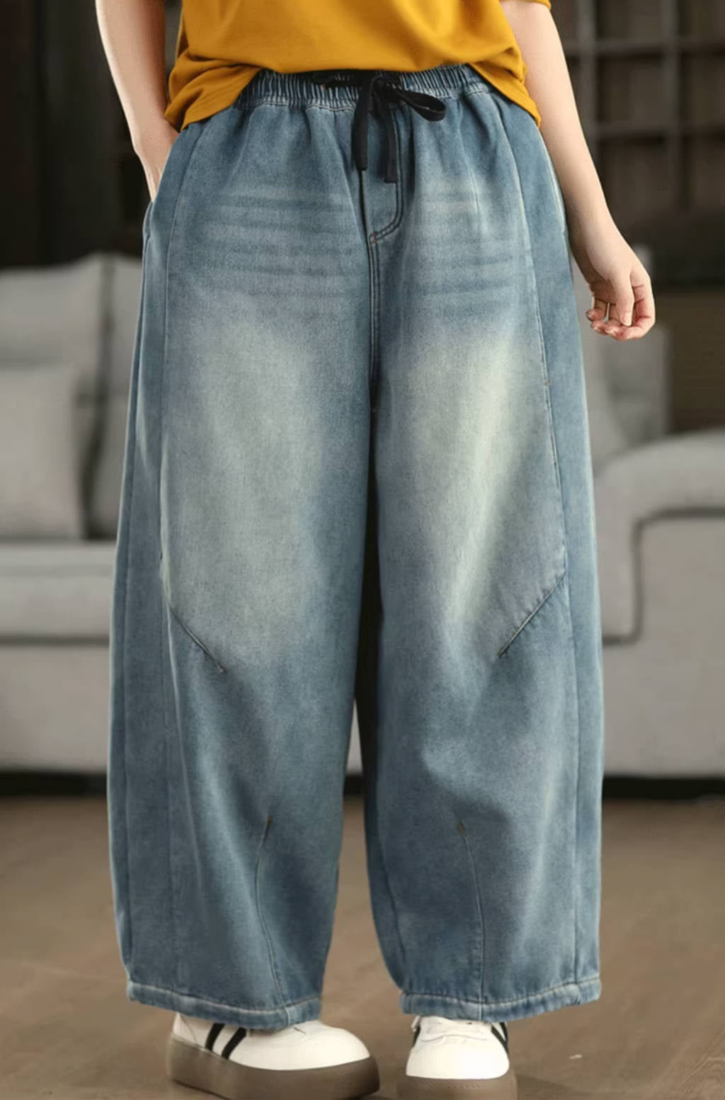 Vaqueros retro de invierno lavados, gruesos y afelpados, informales, con cordones