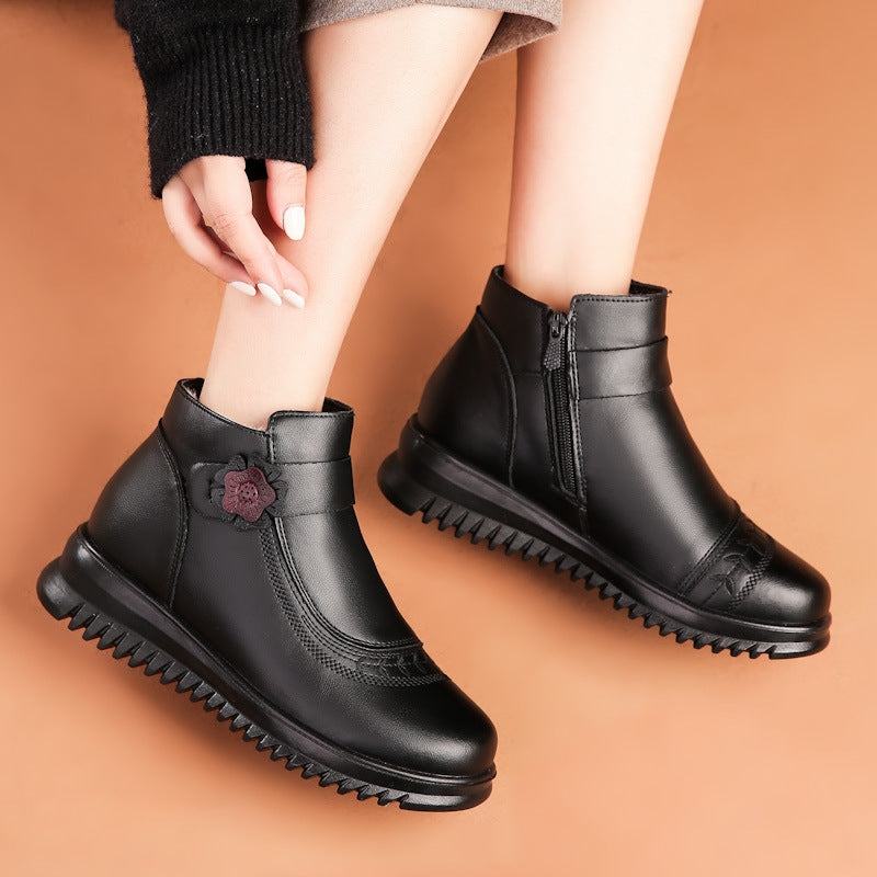 Babakud Women Winter Vintage Leather Flower Wool Short Boots