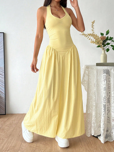 Yellow Slim Sleeveless Casual Everyday U-Neck Halterneck Dress