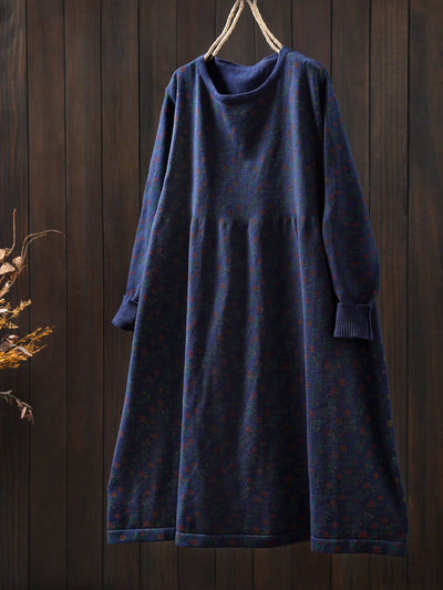 Retro Cotton Round Neck Floral Printed Loose Long Sleeves Dress