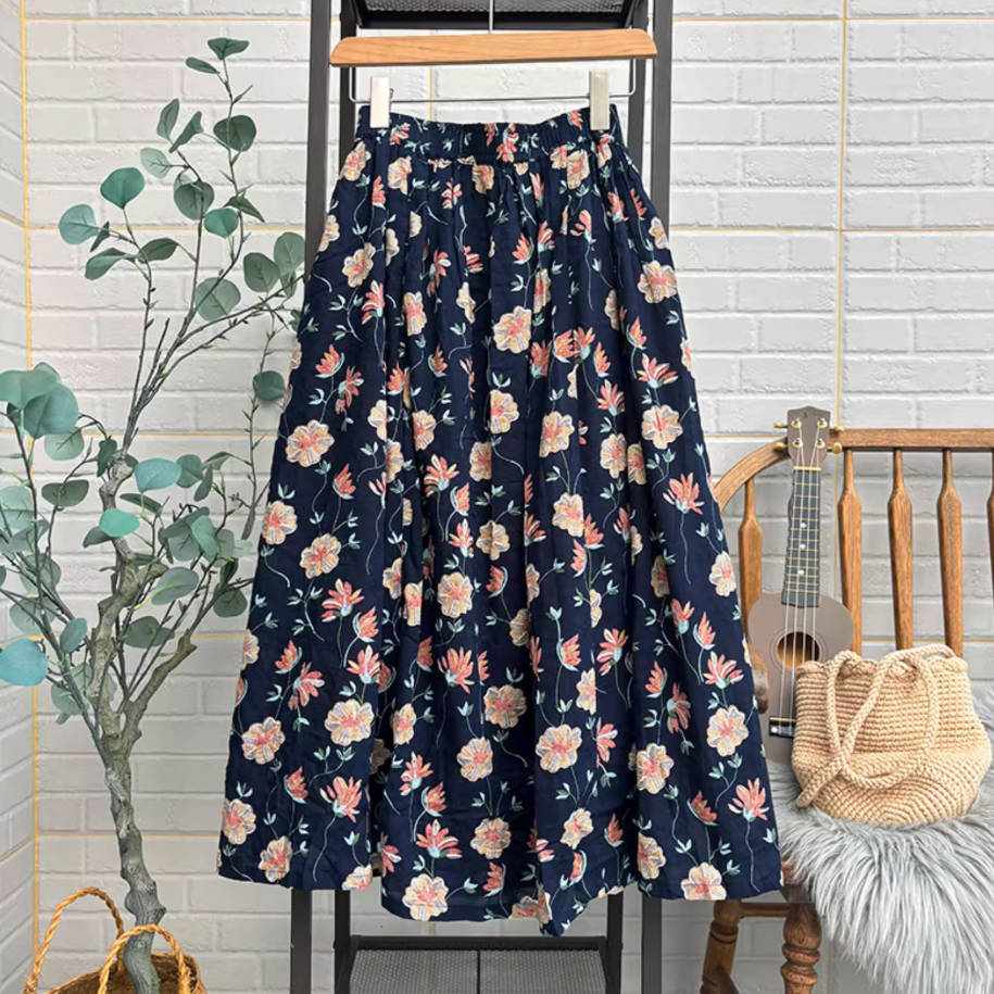 Vintage Cotton Retro Floral A-Line Loose Elastic Waist Thick Dress