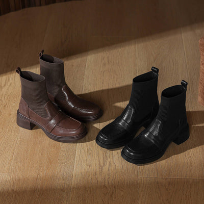 Vintage Sheepskin Leather Casual Striped Socks Boots