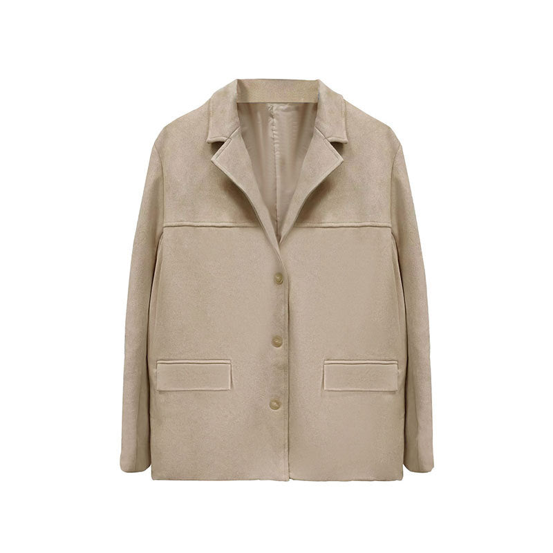 Women Autumn Retro Lapel Chic Solid Color Sueded Blazer