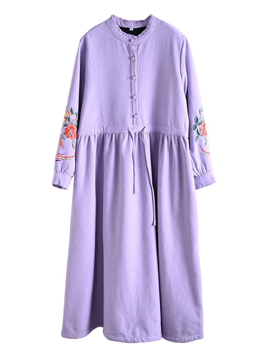 Women Winter Floral Embroidered Fleece-Lined Midi Dress Babakud Women Winter Floral Embroidered Fleece-Lined Midi Dress Babakud