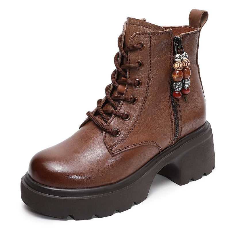 Genuine Leather Retro Platform Chunky Beading Zipper Boots