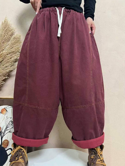 Winter Warm Cotton Thick Elastic Waist Lace-Up Loose Pants