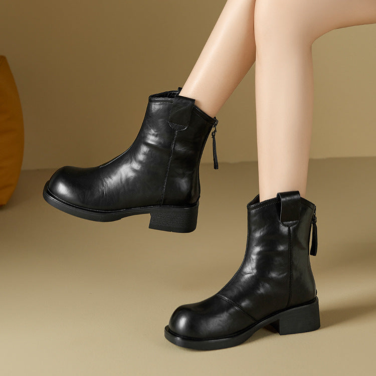 Vintage Top Leather Simple Chunky Casual Zipper Ankle Boots